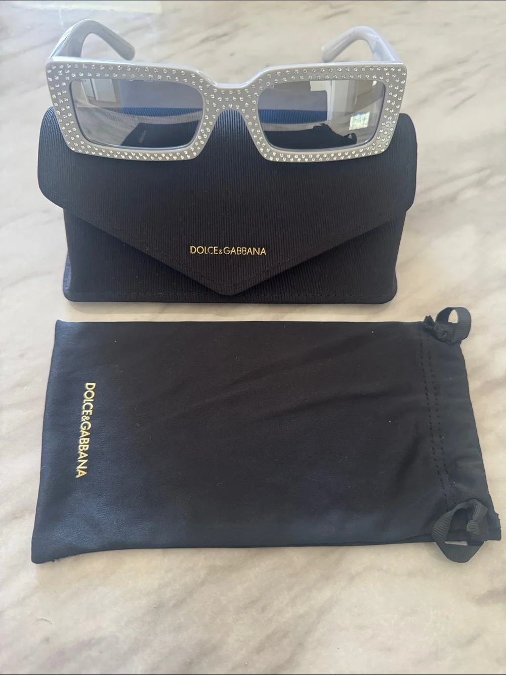 Dolce & Gabbana White Crystal-Embellished Rectangle Sunglasses